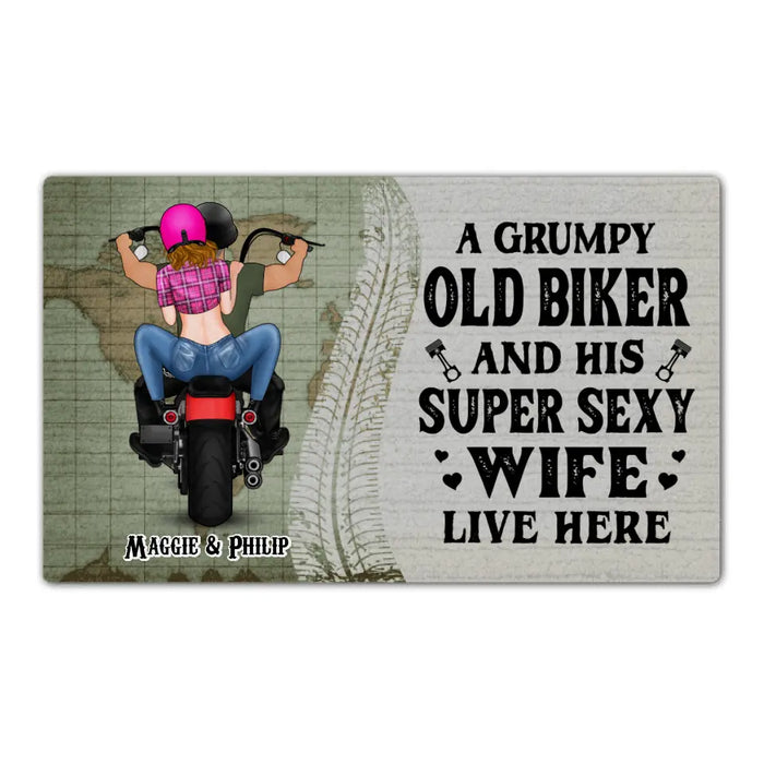 A Grumpy Old Biker And His Super Sexy Wife Live Here - Personalized Gifts Custom Motorcycle Doormat for Couples, Motorcycle Lovers