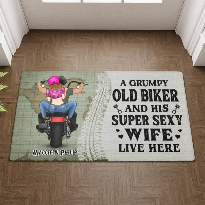 A Grumpy Old Biker And His Super Sexy Wife Live Here - Personalized Gifts Custom Motorcycle Doormat for Couples, Motorcycle Lovers