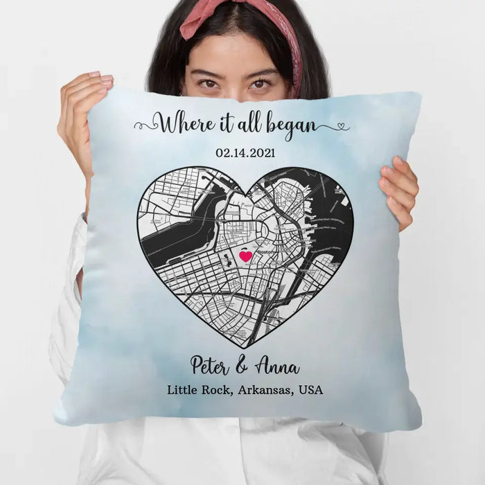 Where It All Began - Personalized Gifts Custom City Map Print Pillow For Him Her Couples, First Date Memory Map