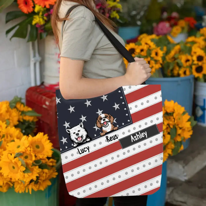 Personalized Patriotic Dog Mom Tote Bag, Custom Dog American Flag Bag Gift For Dog Mom Dog Lover