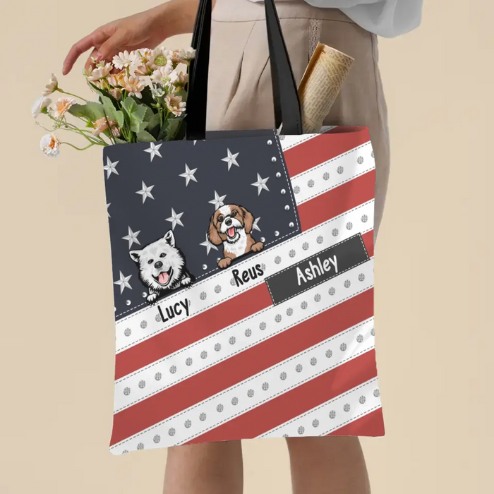 Personalized Patriotic Dog Mom Tote Bag, Custom Dog American Flag Bag Gift For Dog Mom Dog Lover