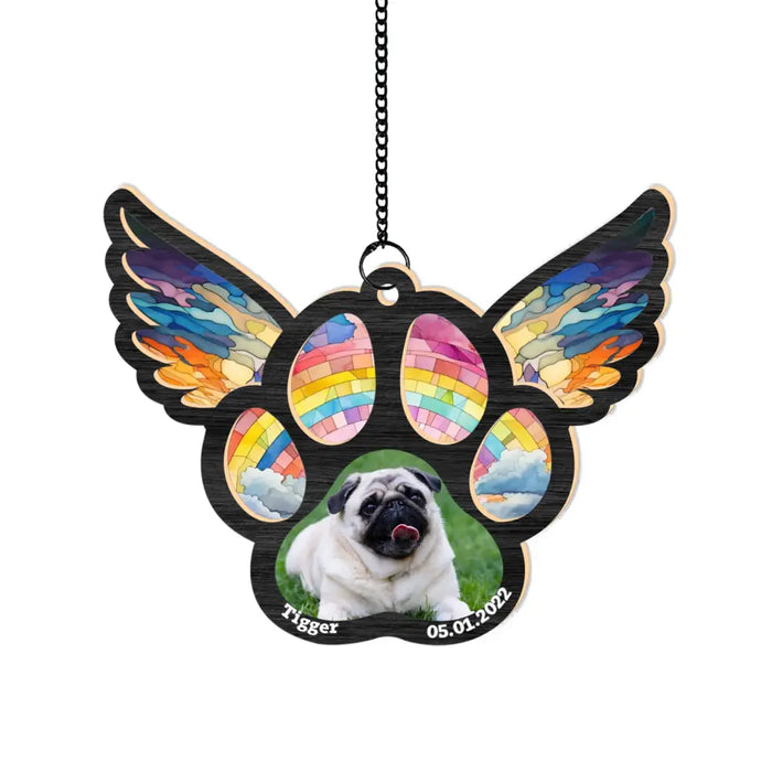 Personalized Dog Paw with Wings Photo Suncatcher Ornament, Custom Memorial Window Hanging Suncatcher for Loss of Dog, Sympathy Gifts