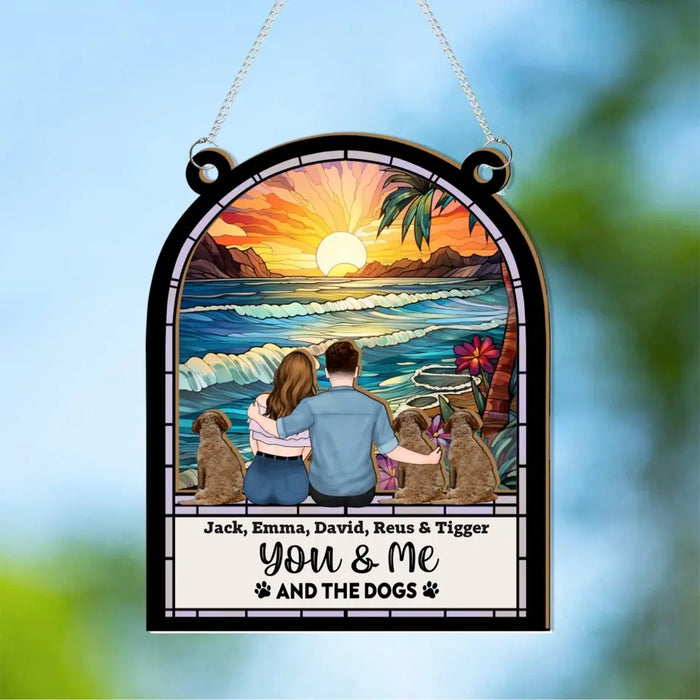 Personalized You & Me And The Dogs Suncatcher Ornament, Custom Couple Sitting with Dog Window Hanging Suncatcher, Gifts for Dog Lovers