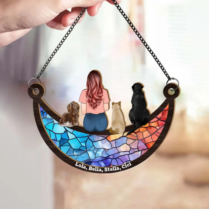 Personalized Girl And Dog Cat Sitting On The Moon Suncatcher Ornament, Custom Window Hanging Suncatcher For Her, Pet Lovers