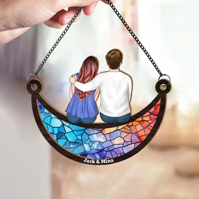 Personalized Couple Sitting On The Moon Suncatcher Ornament, Custom Window Hanging Suncatcher For Him Her, Gift For Couples or Family