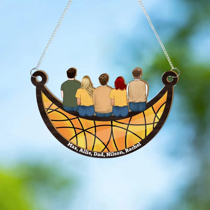 Personalized Dad and Children Sitting On The Moon Suncatcher Ornament, Custom Window Hanging Suncatcher For Father, Grandpa