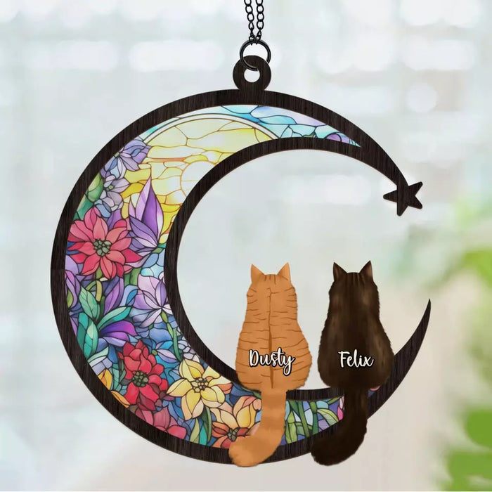 Personalized Cat Sitting on The Moon Suncatcher Ornament, Custom Window Hanging Suncatcher For Cat Lovers