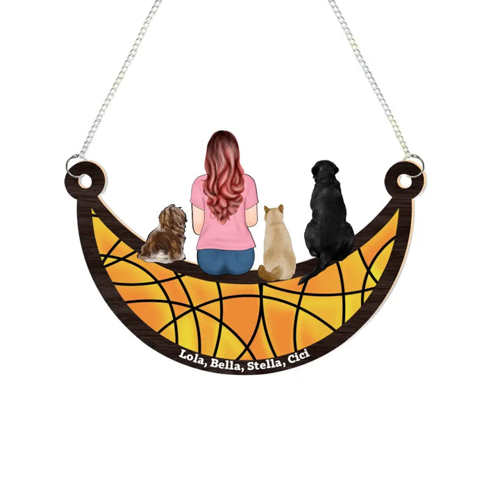 Personalized Girl And Dog Cat Sitting On The Moon Suncatcher Ornament, Custom Window Hanging Suncatcher For Her, Pet Lovers