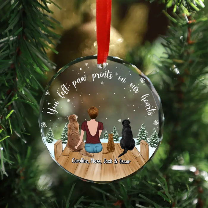 Personalized You Left Paw Prints On Our Hearts Memorial Glass Ornament, Custom Girl and Her Pet Christmas Ornament, Christmas Gift for Dog Cat Lovers