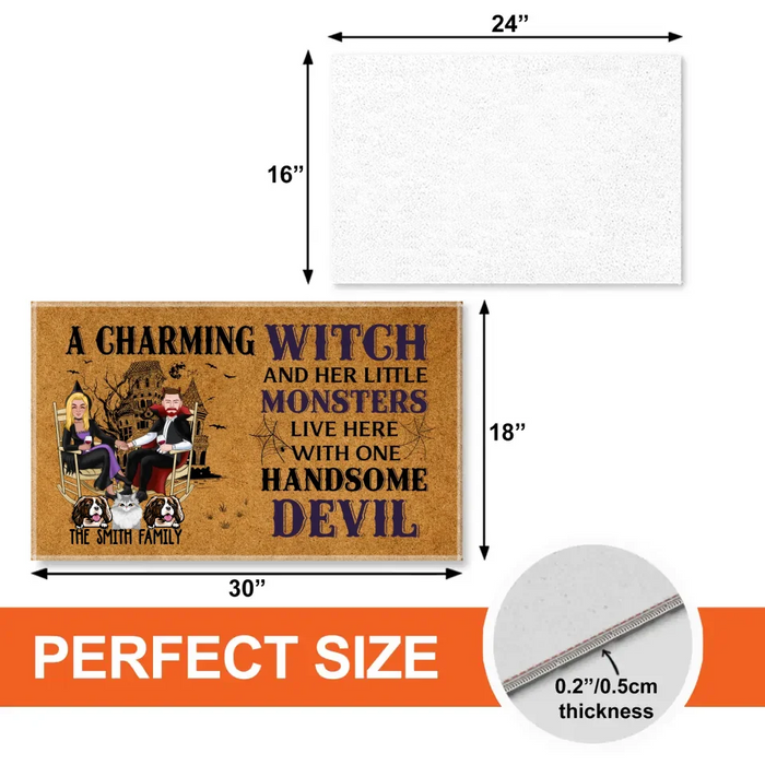 A Charming Witch and Her Little Monsters Live Here with One Handsome Devil - Personalized Gifts Custom Halloween Doormat for Fur Family, Dog Cat Lovers