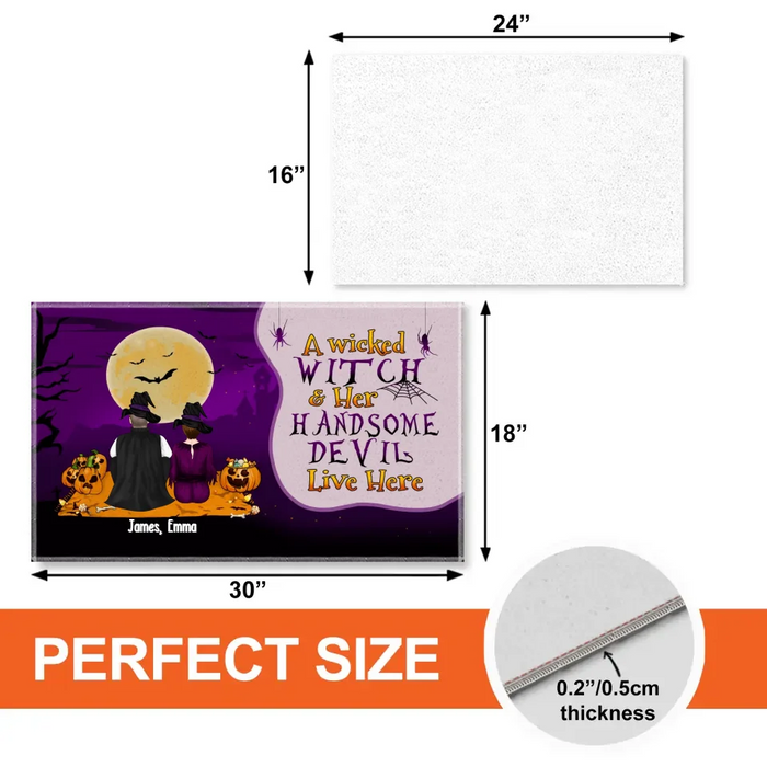 A Wicked Witch Her Handsome Devil Live Here - Personalized Gifts Custom Halloween Doormat For Couples