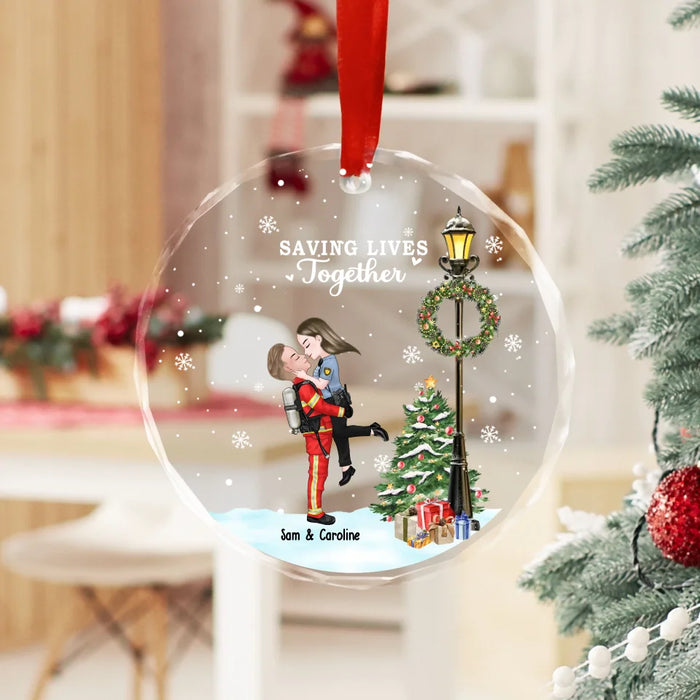 Personalized Saving Lives Together Glass Ornament, Custom Kissing Couple Christmas Ornament, Gift for First Responders