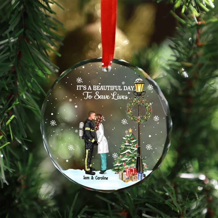 Personalized It's A Beautiful Day To Save Lives Glass Ornament, Custom Kissing Couple Christmas Ornament, Gift for First Responders