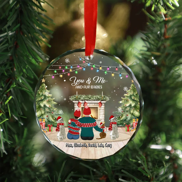 Personalized You and Me and Fur Babies Glass Ornament, Custom Couple Sitting with Pet Christmas Ornament, Christmas Gift for Fur Family Pet Lovers