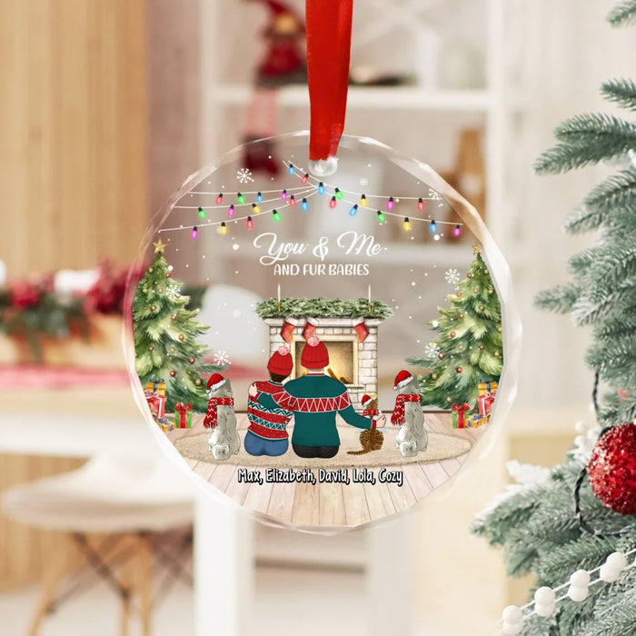 Personalized You and Me and Fur Babies Glass Ornament, Custom Couple Sitting with Pet Christmas Ornament, Christmas Gift for Fur Family Pet Lovers