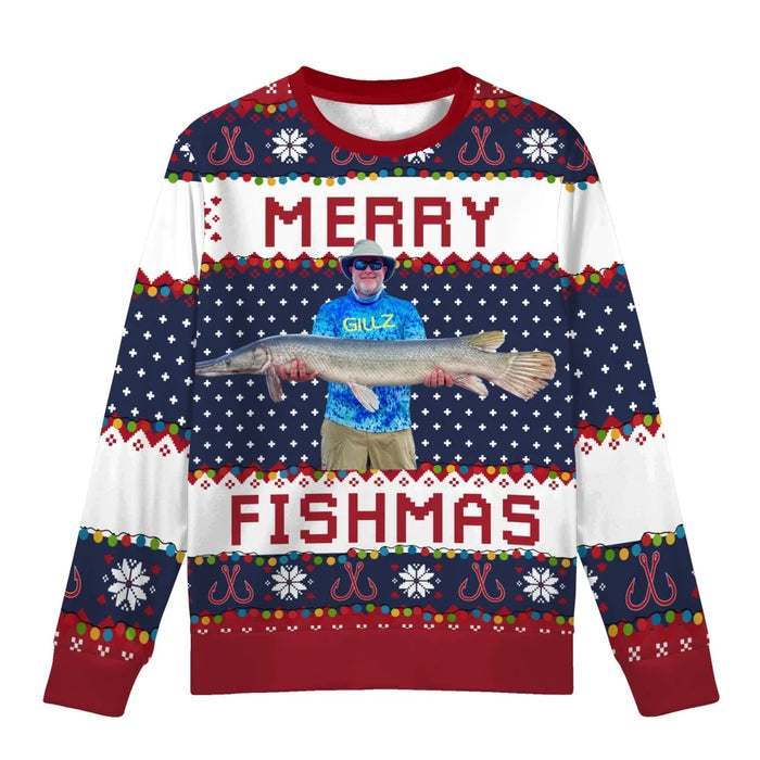 Personalized Merry Fishmas Christmas Ugly Sweater, Custom Photo Christmas Sweater, Christmas Gifts for Him, Fishing Lovers