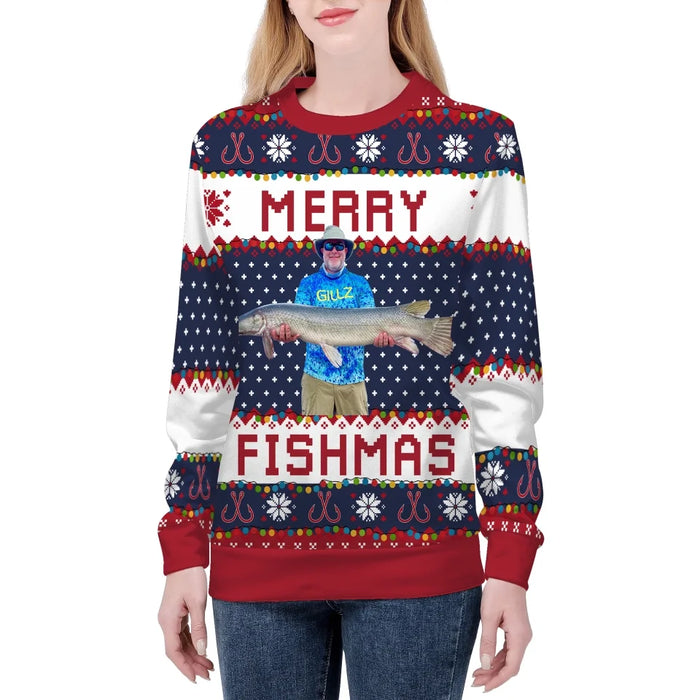 Personalized Merry Fishmas Christmas Ugly Sweater, Custom Photo Christmas Sweater, Christmas Gifts for Him, Fishing Lovers