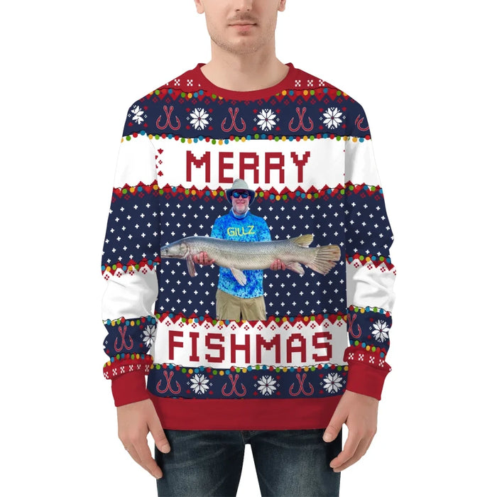 Personalized Merry Fishmas Christmas Ugly Sweater, Custom Photo Christmas Sweater, Christmas Gifts for Him, Fishing Lovers