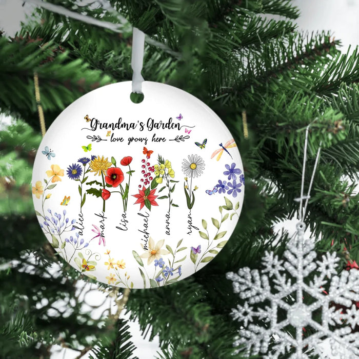 Personalized Grandma's Garden Love Grows Here Ornament, Custom Birth Month Flower Family Ceramic Ornament, Christmas Gift for Grandma Mom