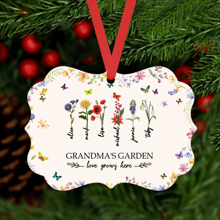 Personalized Grandma's Garden Love Grows Here Ornament, Custom Birth Month Flower Family Metal Ornament, Christmas Gift for Grandma Mom