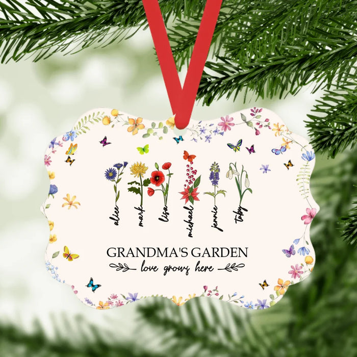 Personalized Grandma's Garden Love Grows Here Ornament, Custom Birth Month Flower Family Metal Ornament, Christmas Gift for Grandma Mom