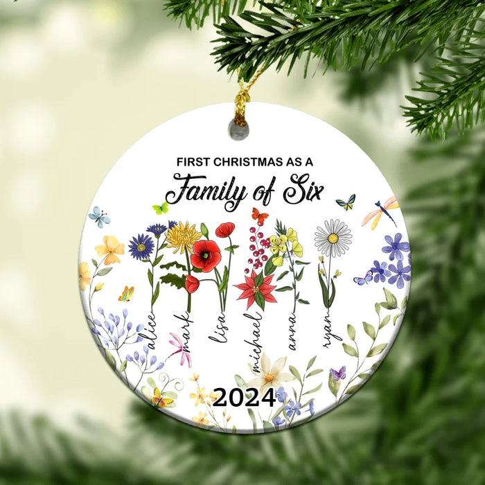 Personalized First Christmas as a Family of 3-8 Flowers Ornament, Custom Birth Month Flower Family Ceramic Ornament, First Christmas Ornament