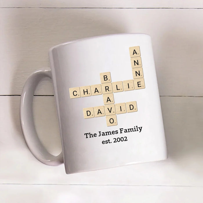 Personalized Family Crossword Art Scrabble Mug, Custom Family Scrabble Mug, Scrabble Puzzle Christmas Mug