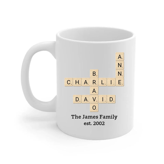 Personalized Family Crossword Art Scrabble Mug, Custom Family Scrabble Mug, Scrabble Puzzle Christmas Mug