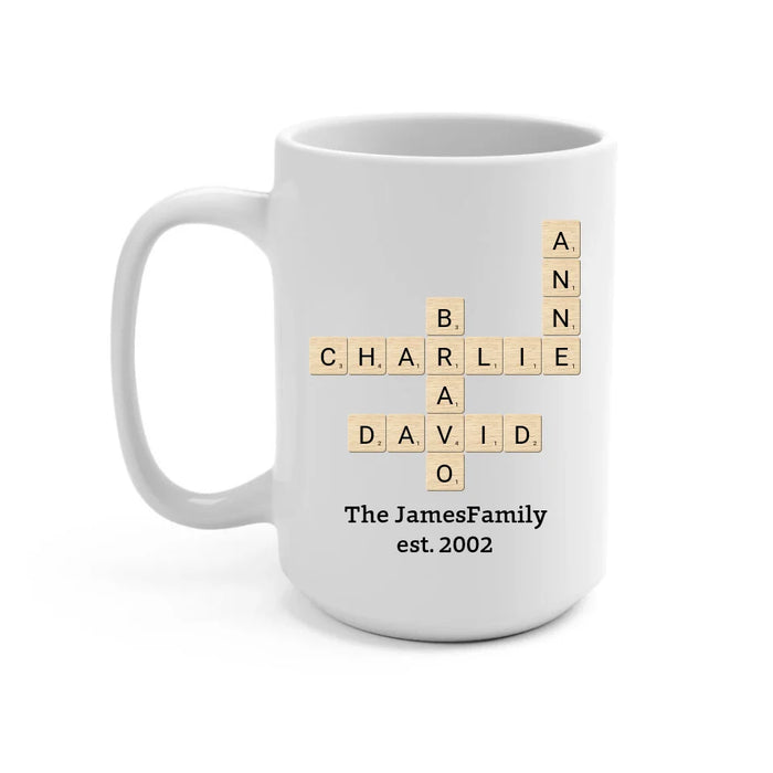 Personalized Family Crossword Art Scrabble Mug, Custom Family Scrabble Mug, Scrabble Puzzle Christmas Mug