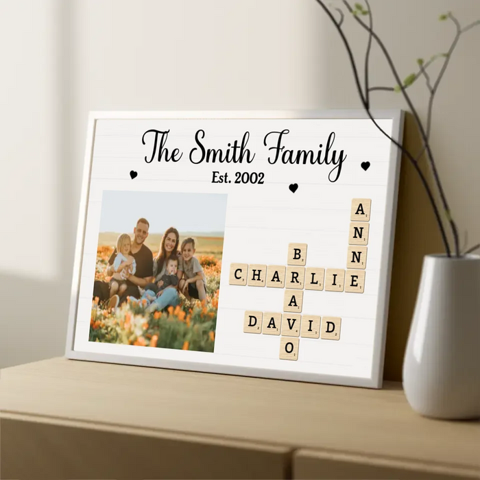 Personalized Family Photo Crossword Puzzle  Poster, Custom Family Scrabble Poster, Scrabble Wall Decor for Family