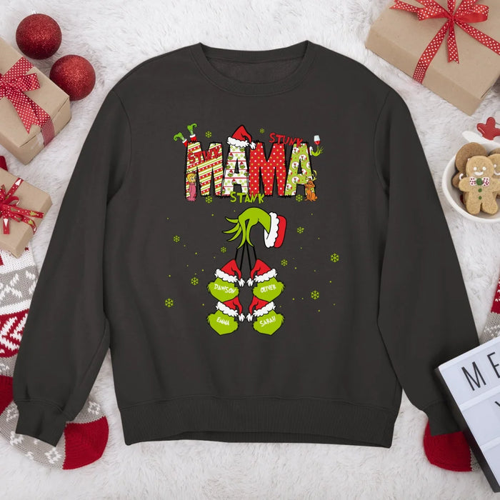 Personalized Mama Grinch Shirt, Custom Christmas Mama Kids Names Sweatshirt, Stunk Stink Stank Mama Sweater