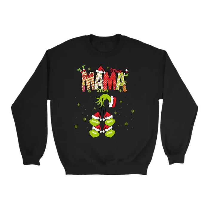 Personalized Mama Grinch Shirt, Custom Christmas Mama Kids Names Sweatshirt, Stunk Stink Stank Mama Sweater