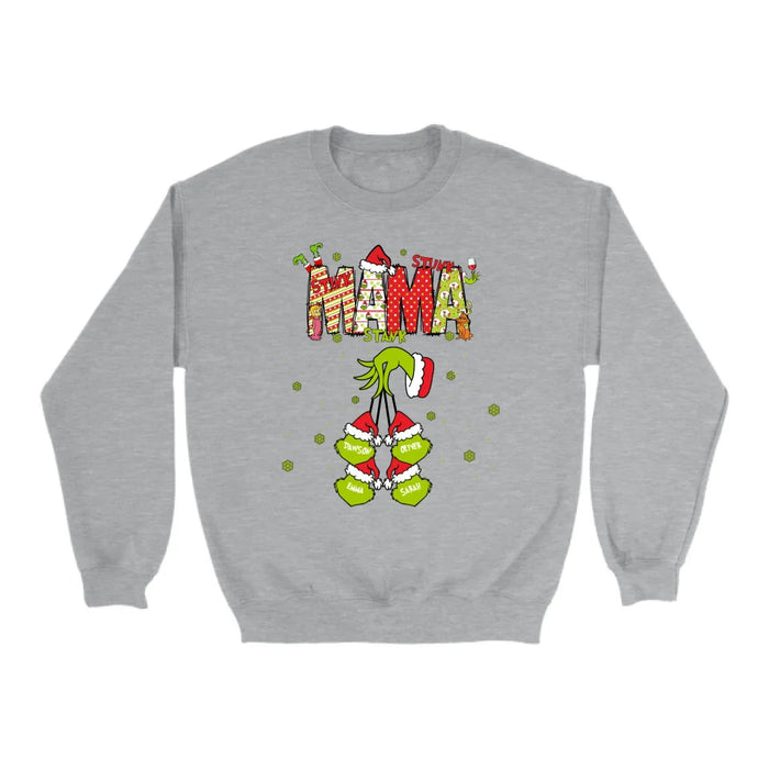 Personalized Mama Grinch Shirt, Custom Christmas Mama Kids Names Sweatshirt, Stunk Stink Stank Mama Sweater