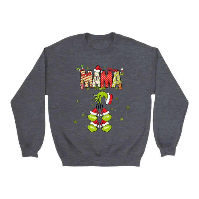 Personalized Mama Grinch Shirt, Custom Christmas Mama Kids Names Sweatshirt, Stunk Stink Stank Mama Sweater