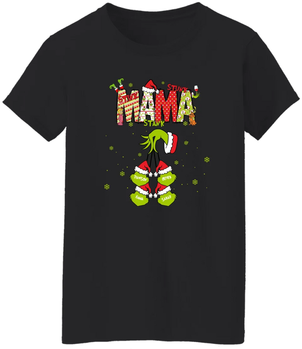 Personalized Mama Grinch Shirt, Custom Christmas Mama Kids Names Sweatshirt, Stunk Stink Stank Mama Sweater