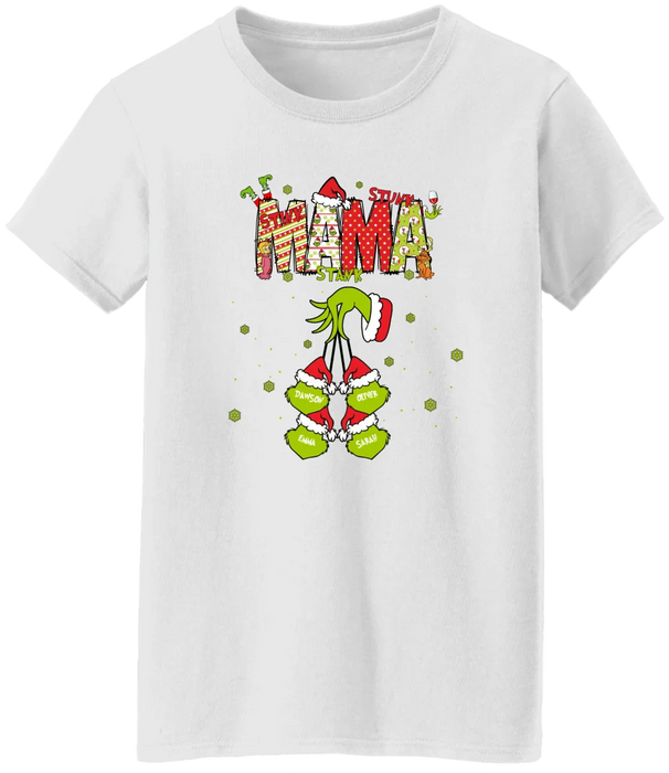 Personalized Mama Grinch Shirt, Custom Christmas Mama Kids Names Sweatshirt, Stunk Stink Stank Mama Sweater