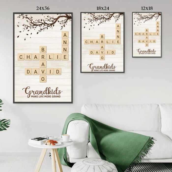 Personalized Grandkids Crossword Poster, Custom Family Scrabble Poster, Scrabble Wall Decor for Grandparents