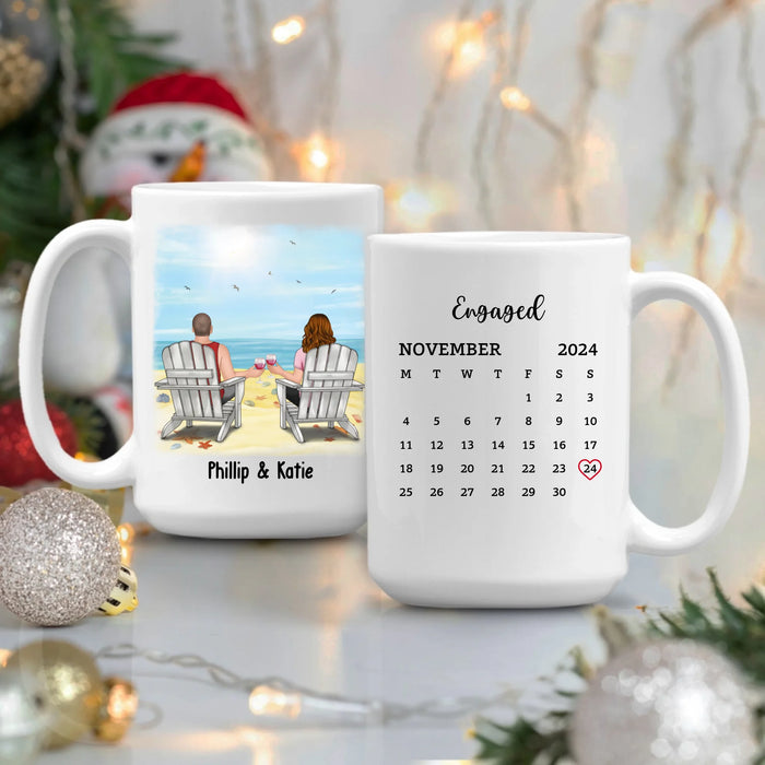 Personalized Couple Sitting On Beach Mug, Custom Calendar Anniversary Couple Mug, Gift For Him, For Her