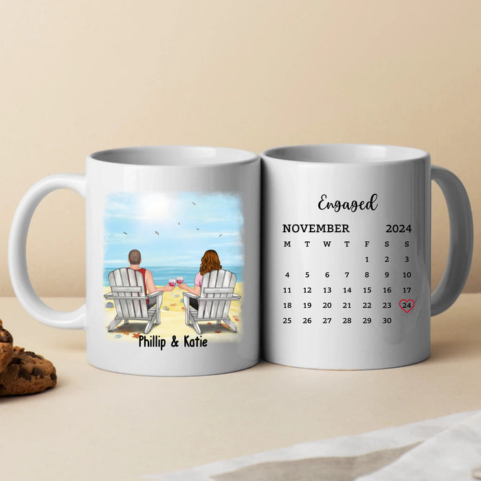 Personalized Couple Sitting On Beach Mug, Custom Calendar Anniversary Couple Mug, Gift For Him, For Her