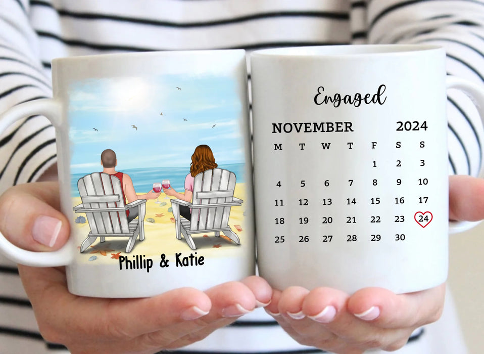 Personalized Couple Sitting On Beach Mug, Custom Calendar Anniversary Couple Mug, Gift For Him, For Her