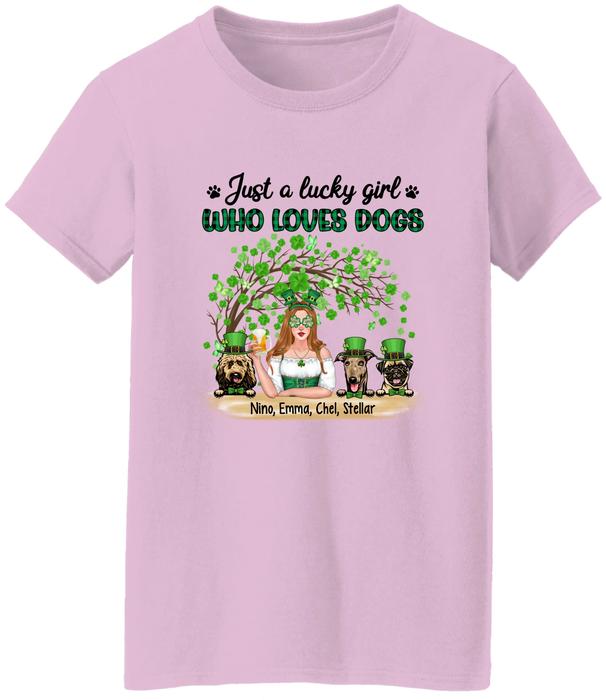 Personalized Just a Lucky Girl Who Loves Dogs Shirt, Custom St Patricks Day Dog Mom Shirt for Dog Lovers