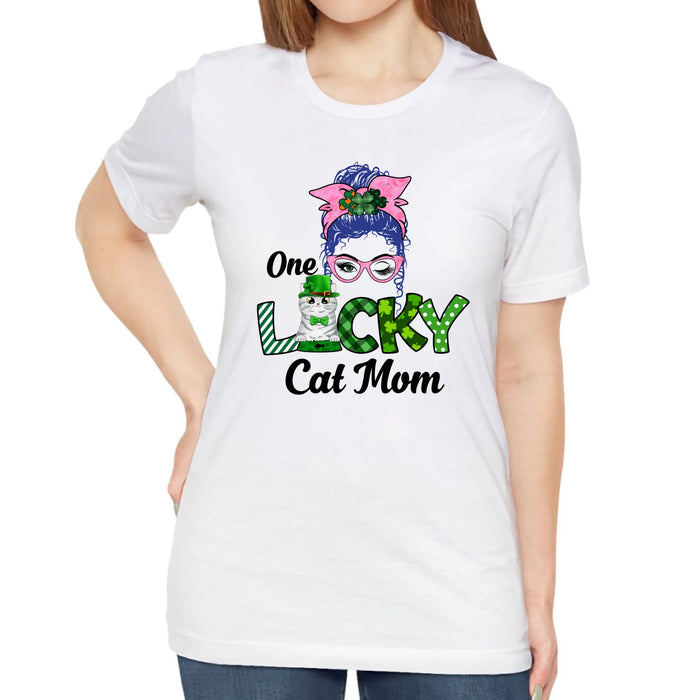 Personalized One Lucky Cat Mom Shirt, Custom St Patricks Day Cat Mom Shirt for Cat Lovers