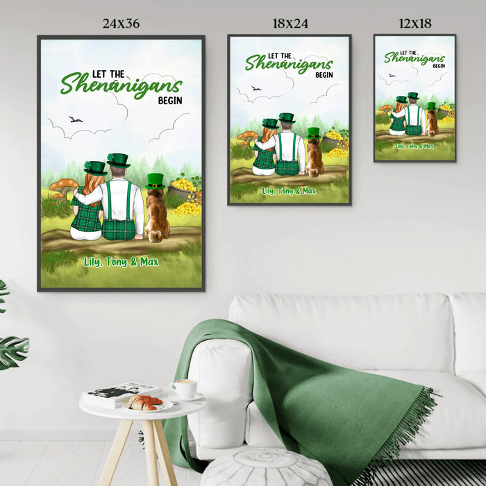 Let The Shenanigans Begin Poster, 
Personalized Couple Sitting with Dogs Poster, Custom Irish Patrick's Day Wall Art