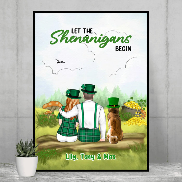 Let The Shenanigans Begin Poster, 
Personalized Couple Sitting with Dogs Poster, Custom Irish Patrick's Day Wall Art