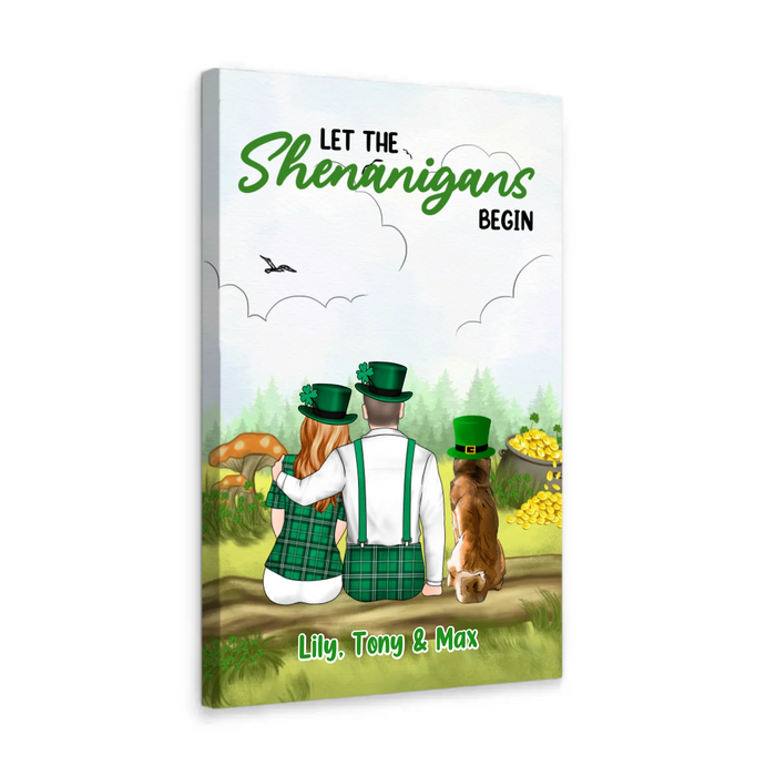 Let The Shenanigans Begin Poster, 
Personalized Couple Sitting with Dogs Poster, Custom Irish Patrick's Day Wall Art