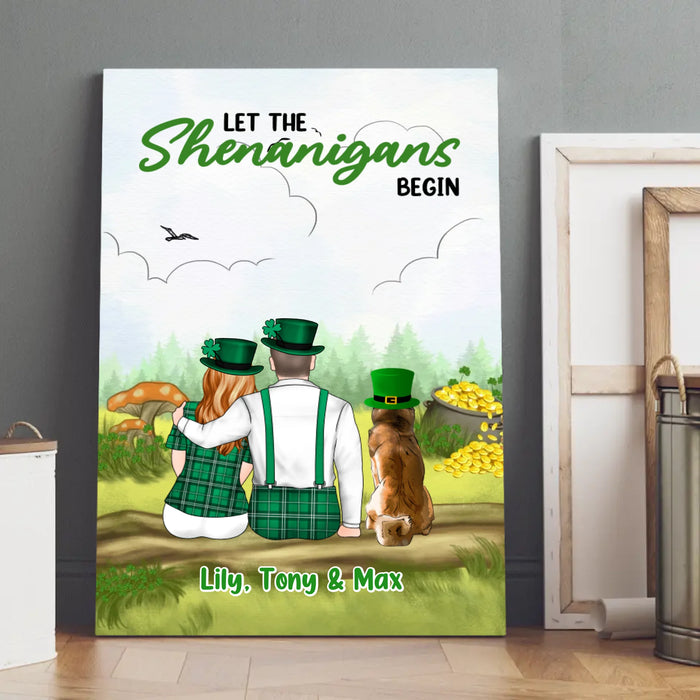 Let The Shenanigans Begin Poster, 
Personalized Couple Sitting with Dogs Poster, Custom Irish Patrick's Day Wall Art