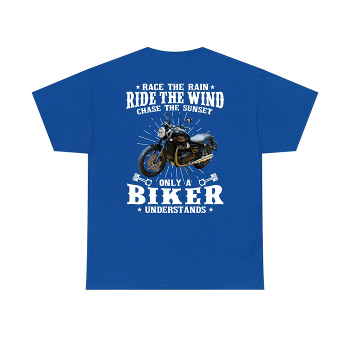 Personalized Race The Rain Ride The Wind Chase The Sunset Back Shirt, Custom Motorcycle Photo Shirt, Gift for For Biker, Motorcycle Lovers