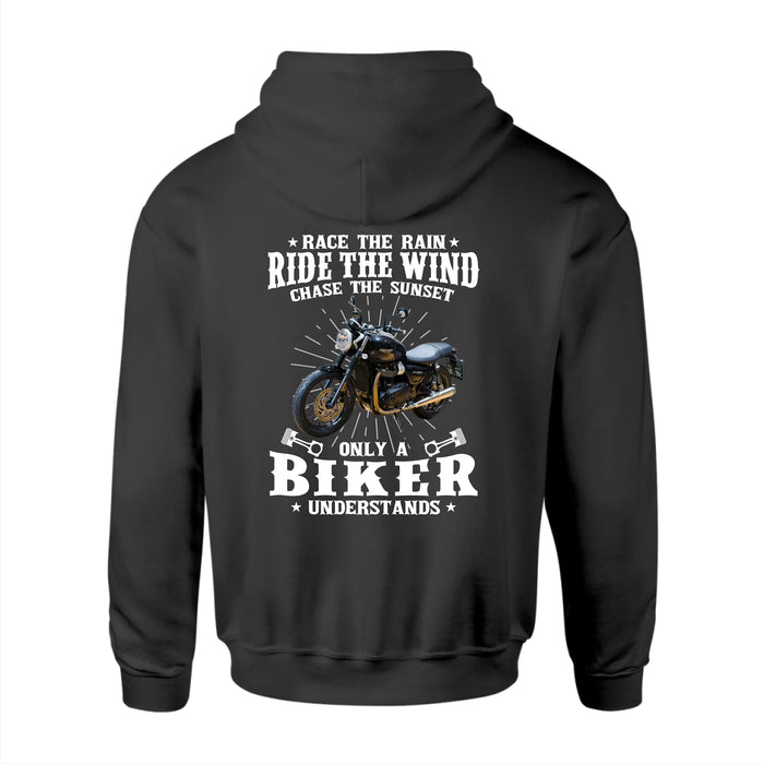 Personalized Race The Rain Ride The Wind Chase The Sunset Back Shirt, Custom Motorcycle Photo Shirt, Gift for For Biker, Motorcycle Lovers