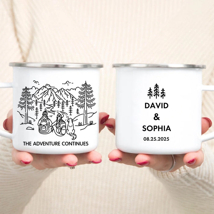 Personalized Mountain Hiking Couple Enamel Mug, Custom Couple with Dogs Hiking Mug, Unique Gifts for Hikers, Campers