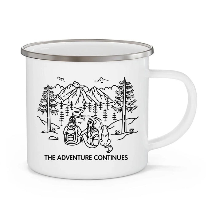 Personalized Mountain Hiking Couple Enamel Mug, Custom Couple with Dogs Hiking Mug, Unique Gifts for Hikers, Campers